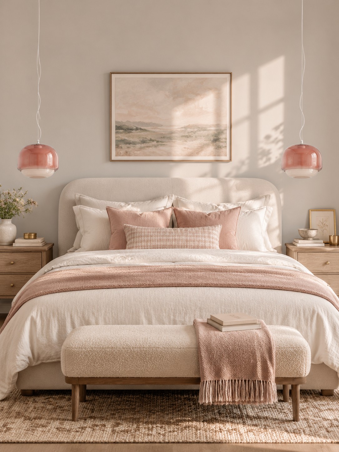 Pink Pericles glass pendants flanking bedroom nightstands