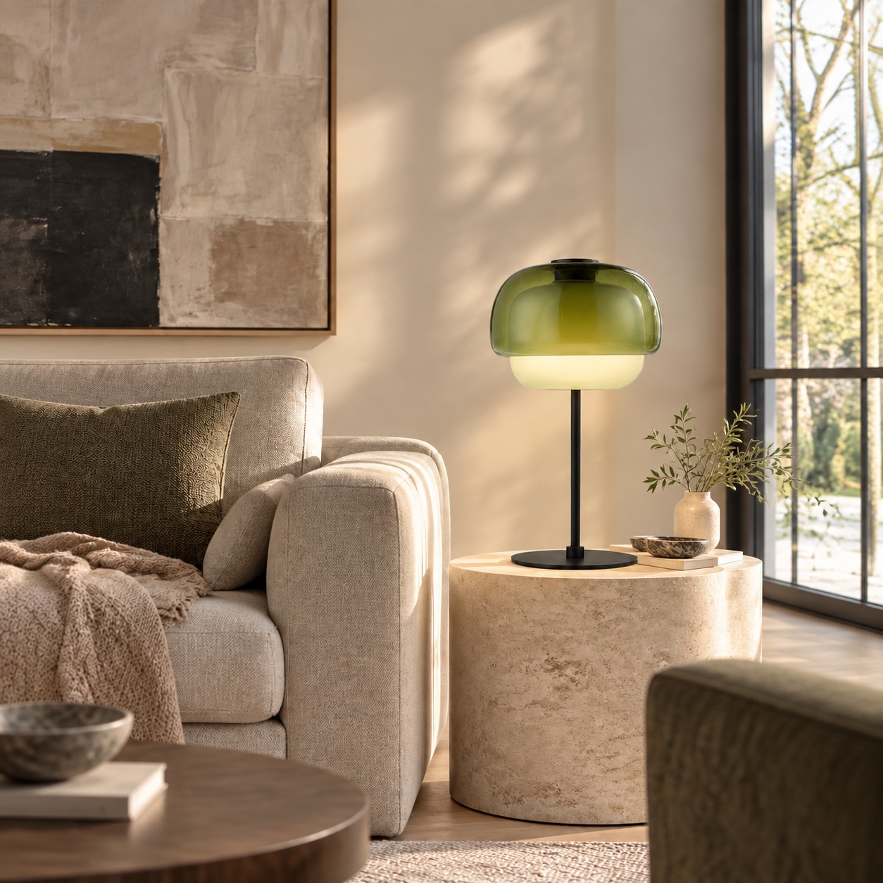 Lampe de table en verre color&eacute; P&eacute;ricl&egrave;s &ndash; Double d&ocirc;me embo&icirc;t&eacute;, tige noire fine, quatre tons