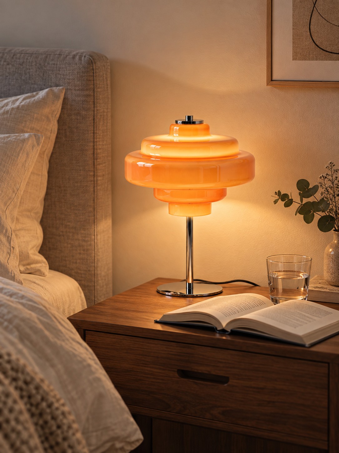Lampe de table en verre orange Koloro sur la table de chevet