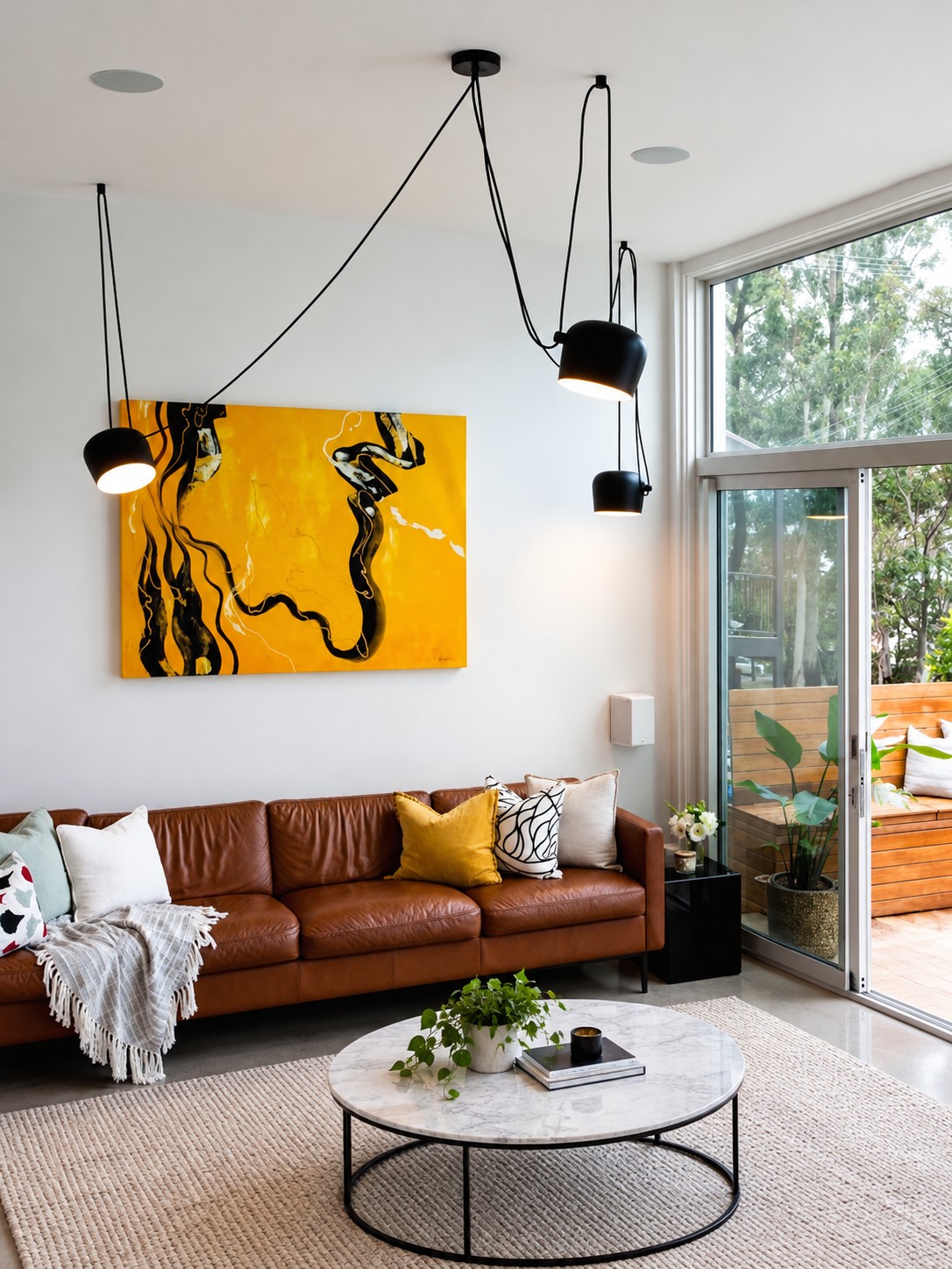 Black multi-head pendant over living room sofa