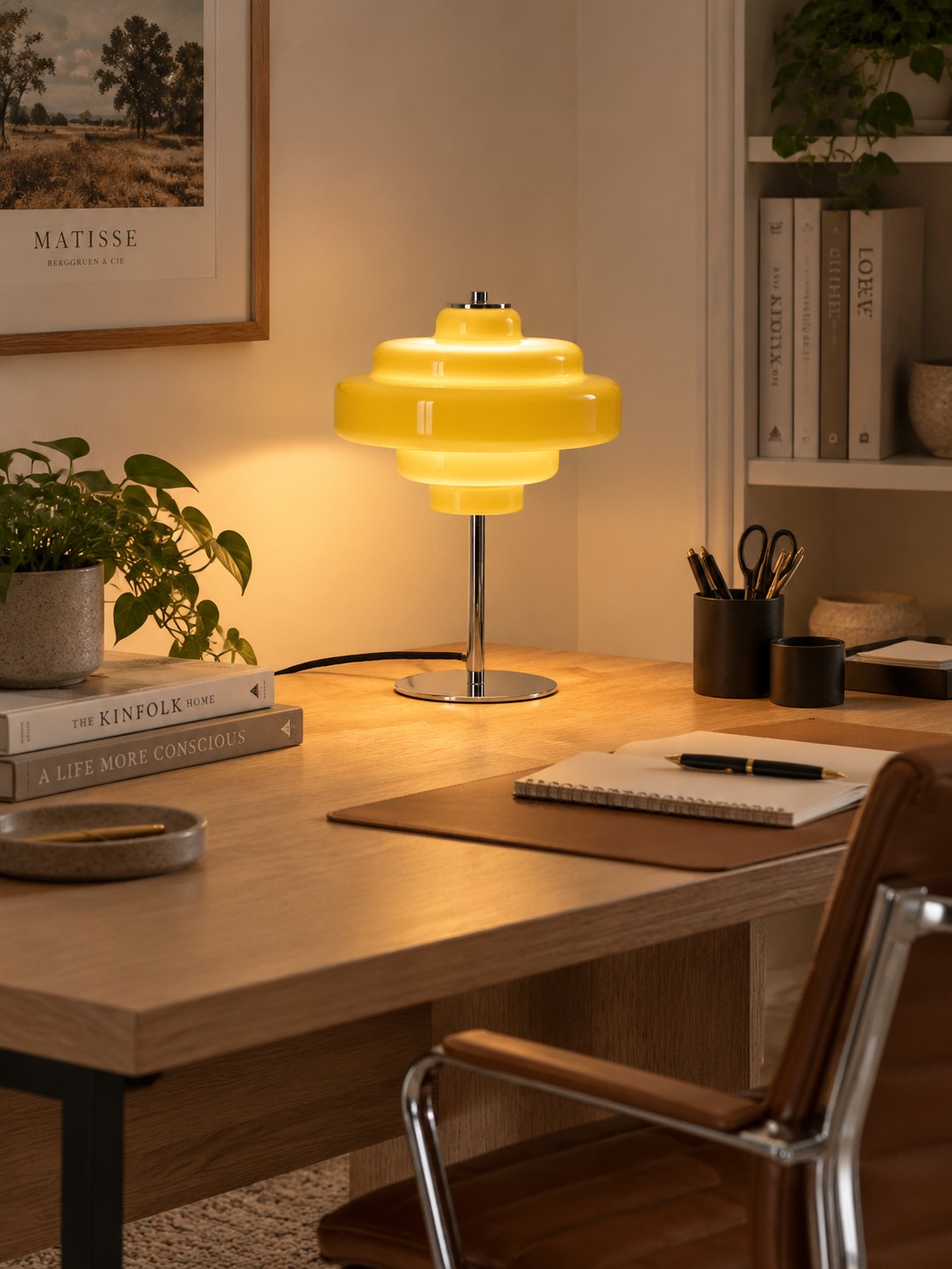 Lampe de table en verre jaune Koloro sur un bureau en bois